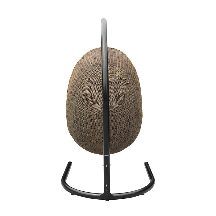 Pisces Indoor Outdoor Hanging Egg Swing Chair in Espresso Wicker with Black Iron Stand