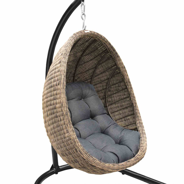 Pisces Indoor Outdoor Hanging Egg Swing Chair in Espresso Wicker with Black Iron Stand