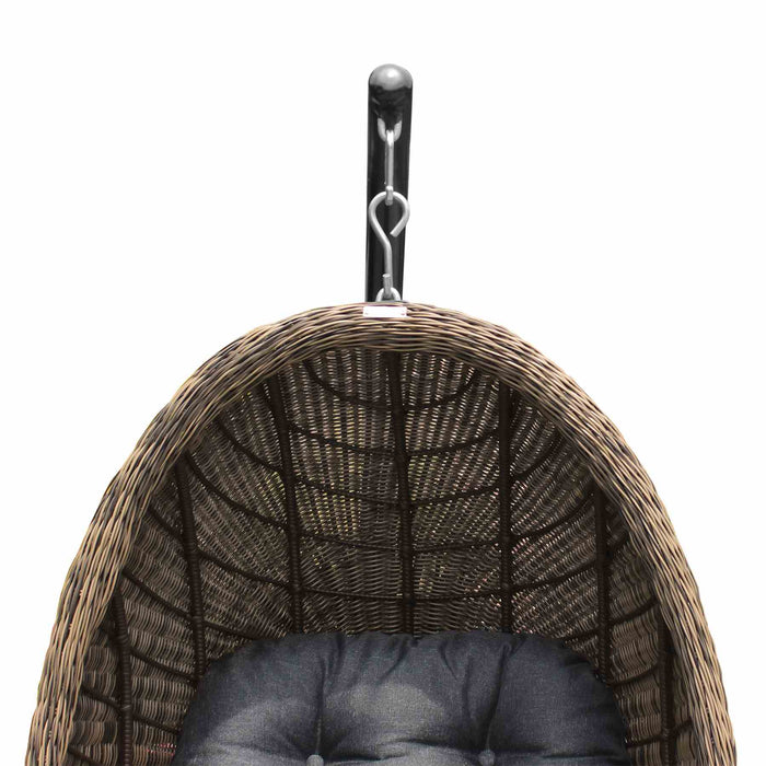 Pisces Indoor Outdoor Hanging Egg Swing Chair in Espresso Wicker with Black Iron Stand