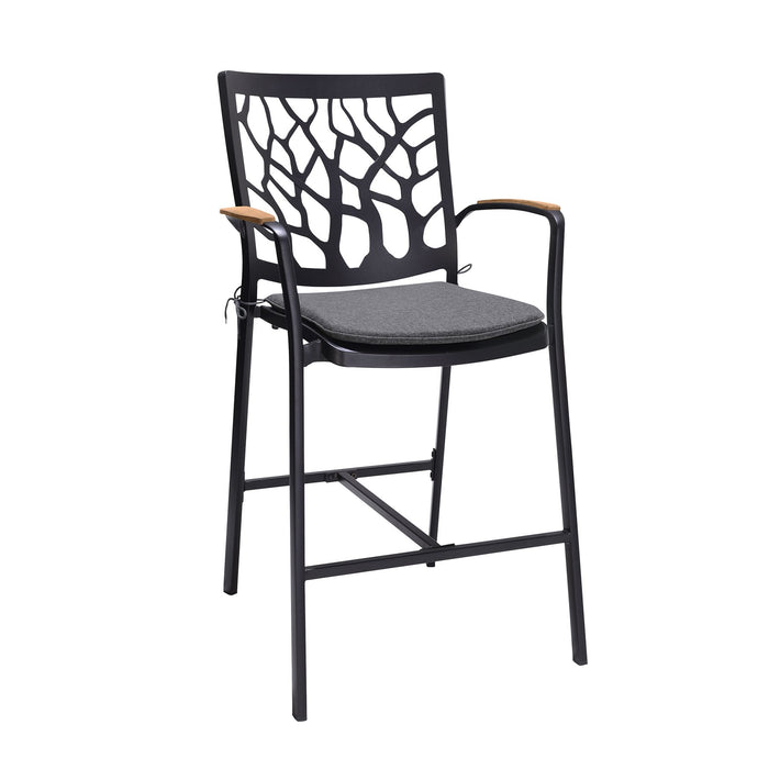 Portals Outdoor Patio Aluminum Barstool in Black with Natural Teak Wood Accent and Cushions