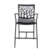 Portals Outdoor Patio Aluminum Barstool in Black with Natural Teak Wood Accent and Cushions - Furniture City (CA)l
