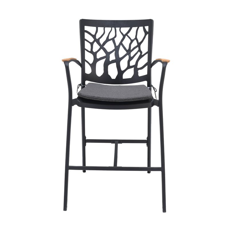 Portals Outdoor Patio Aluminum Barstool in Black with Natural Teak Wood Accent and Cushions - Furniture City (CA)l