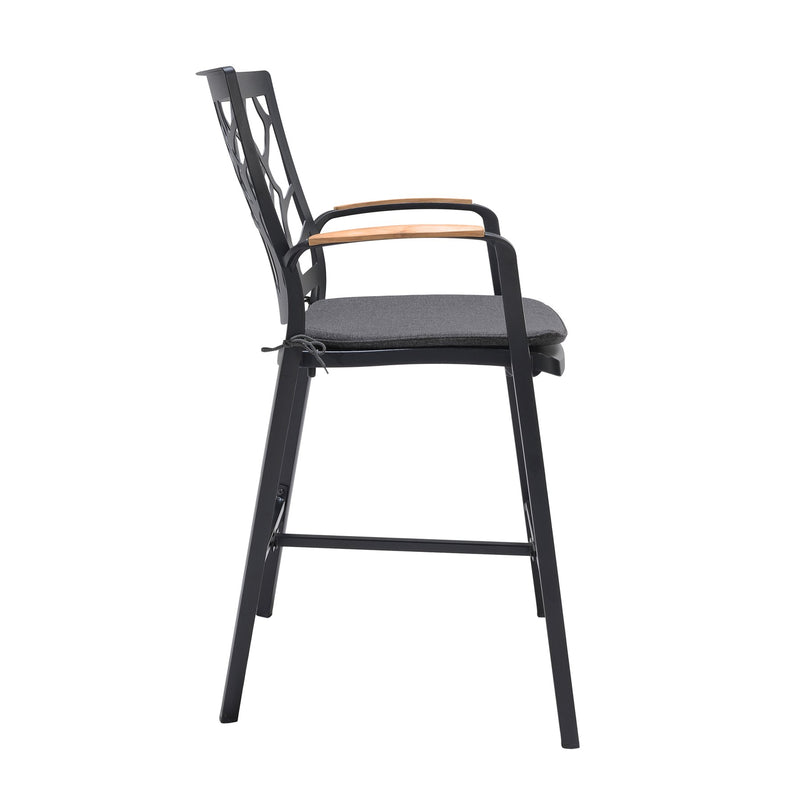 Portals Outdoor Patio Aluminum Barstool in Black with Natural Teak Wood Accent and Cushions - Furniture City (CA)l