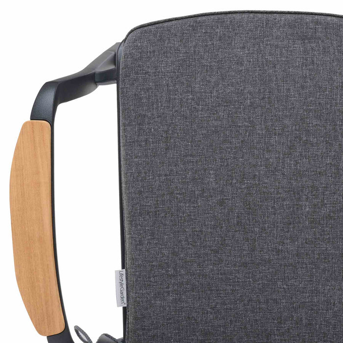 Portals Outdoor Patio Aluminum Barstool in Black with Natural Teak Wood Accent and Cushions