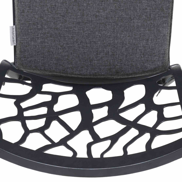 Portals Outdoor Patio Aluminum Barstool in Black with Natural Teak Wood Accent and Cushions