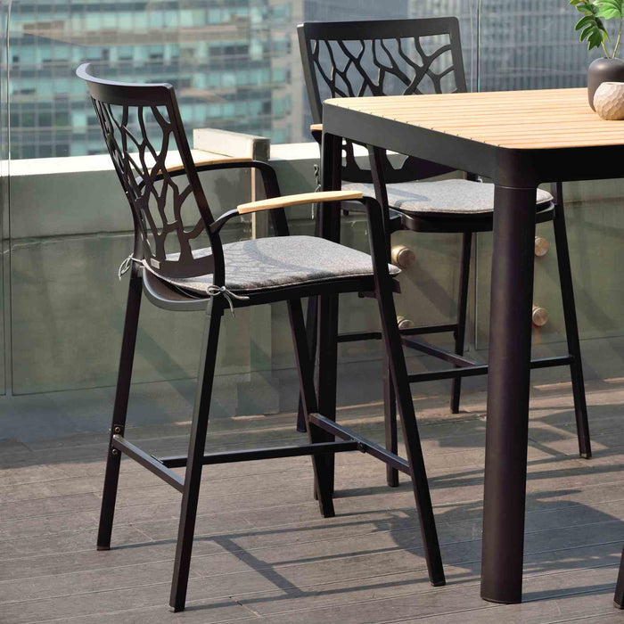 Portals Outdoor Patio Aluminum Barstool in Black with Natural Teak Wood Accent and Cushions
