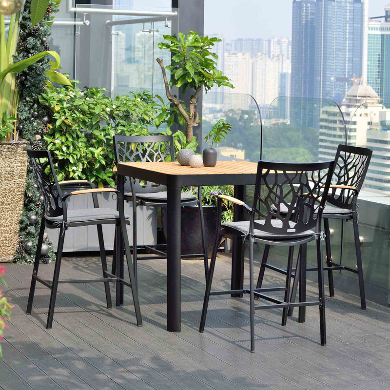 Portals Outdoor Patio Aluminum Barstool in Black with Natural Teak Wood Accent and Cushions - Furniture City (CA)l
