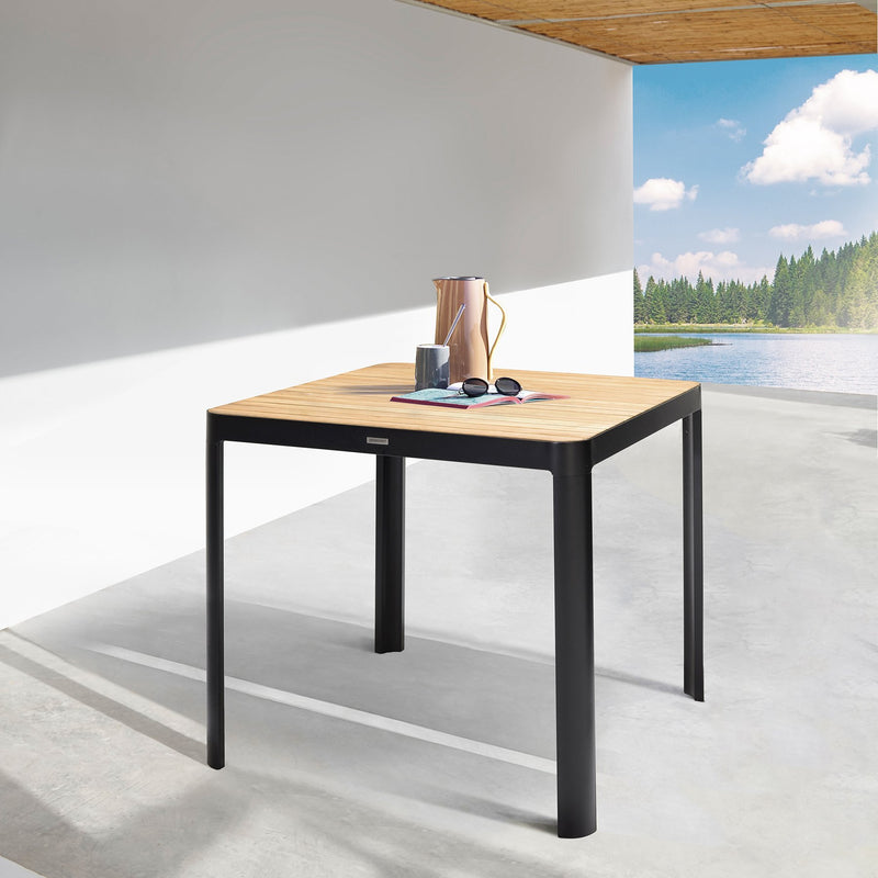 Portals Outdoor Square Bar Table in Natural Teak Wood Top and Black Frame - Furniture City (CA)l