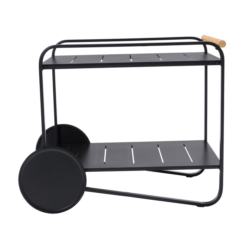 Portals Outdoor Accent Cart in Black Finish and Natural Teak Wood Accent - Furniture City (CA)l