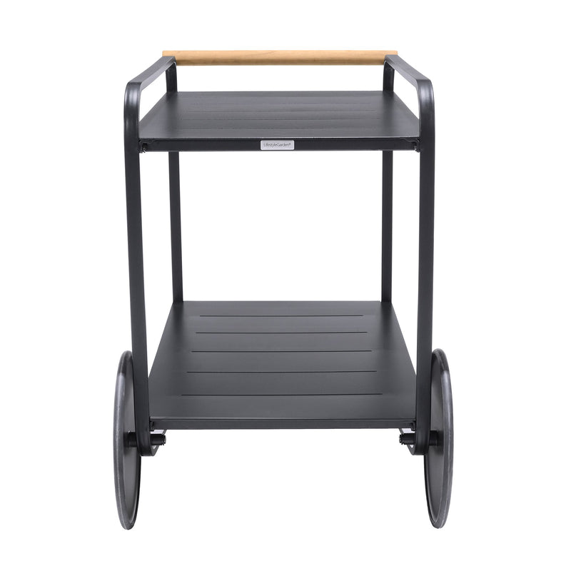 Portals Outdoor Accent Cart in Black Finish and Natural Teak Wood Accent - Furniture City (CA)l