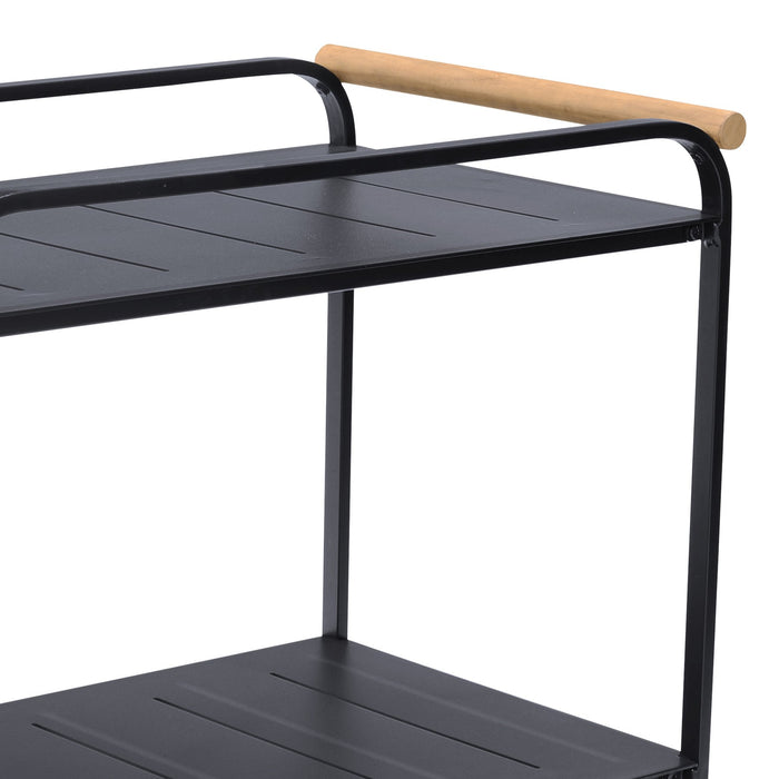 Portals Outdoor Accent Cart in Black Finish and Natural Teak Wood Accent