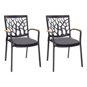 Portals Outdoor Patio Aluminum Chair in Black with Natural Teak Wood Accent-Set of 2 - Furniture City (CA)l