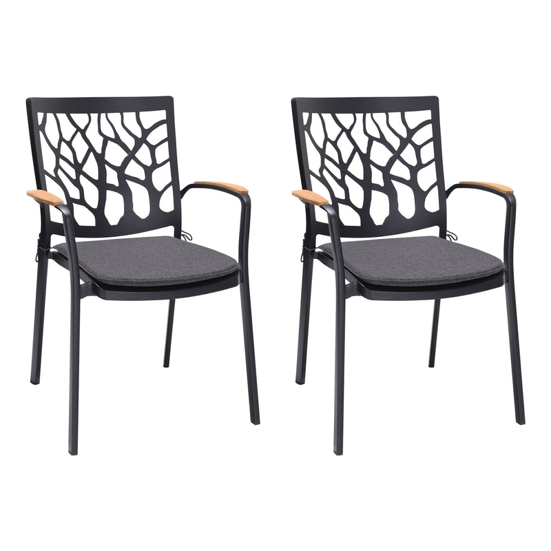 Portals Outdoor Patio Aluminum Chair in Black with Natural Teak Wood Accent-Set of 2 - Furniture City (CA)l