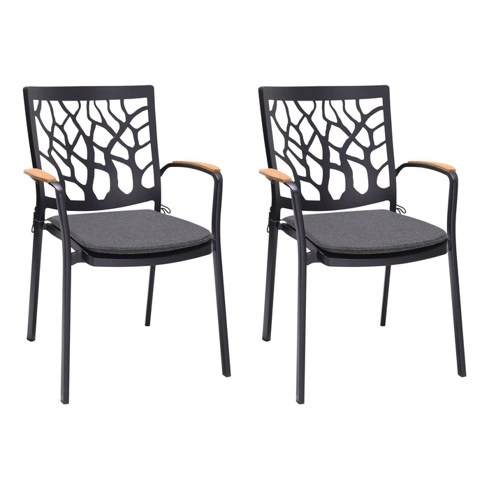 Portals Outdoor Patio Aluminum Chair in Black with Natural Teak Wood Accent-Set of 2