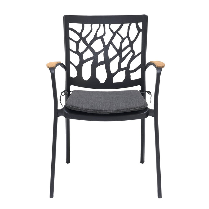 Portals Outdoor Patio Aluminum Chair in Black with Natural Teak Wood Accent-Set of 2