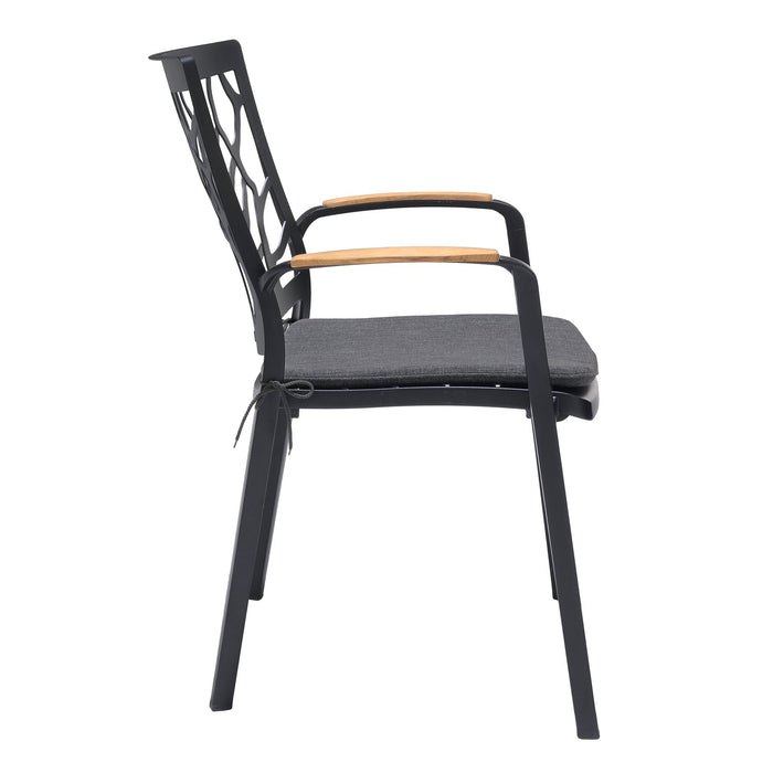 Portals Outdoor Patio Aluminum Chair in Black with Natural Teak Wood Accent-Set of 2