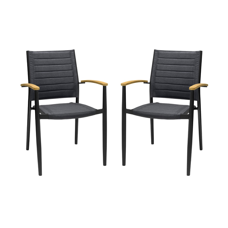 Portals Outdoor Black Aluminum Stacking Dining Chair with Teak Arms - Set of 2 - Furniture City (CA)l