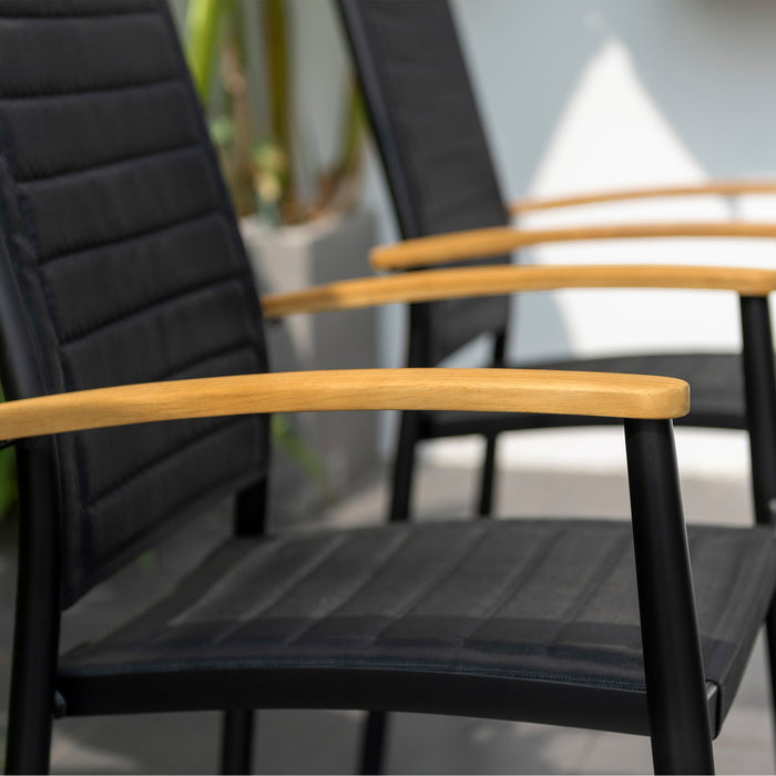 Portals Outdoor Black Aluminum Stacking Dining Chair with Teak Arms - Set of 2