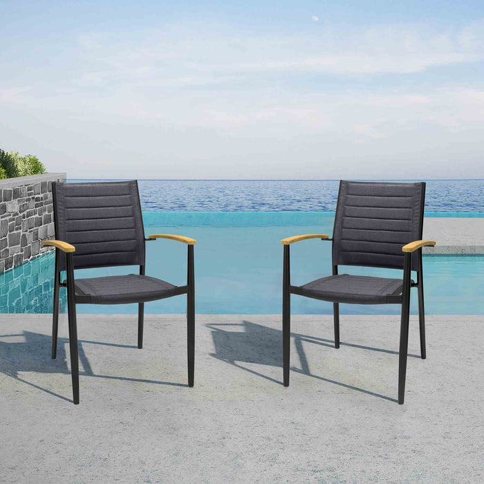Portals Outdoor Black Aluminum Stacking Dining Chair with Teak Arms - Set of 2
