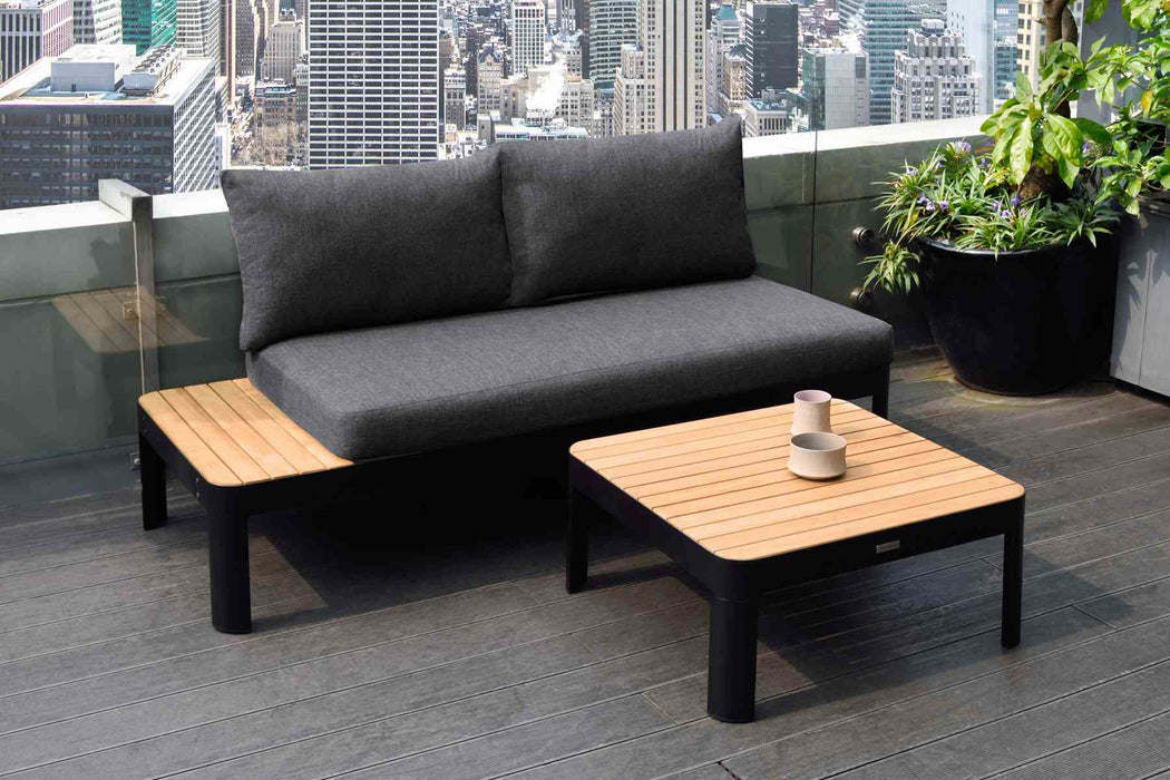 Portals Outdoor Square Coffee Table in Black Finish with Natural Teak Wood Top