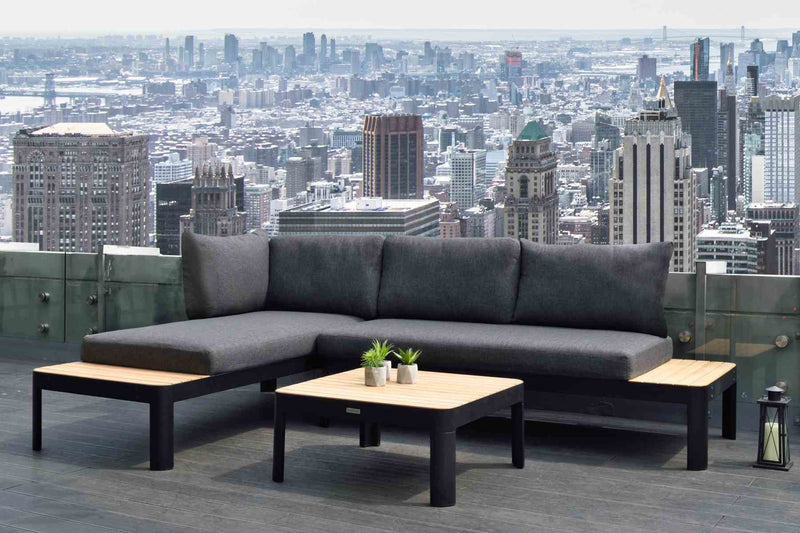 Portals Outdoor Square Coffee Table in Black Finish with Natural Teak Wood Top - Furniture City (CA)l