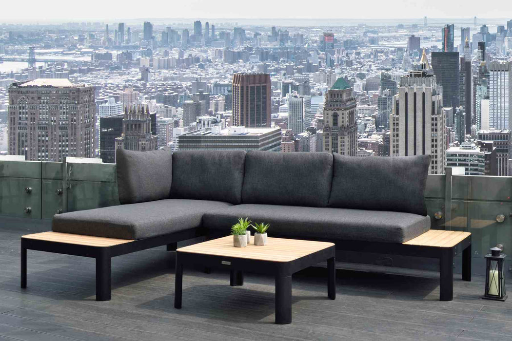 Portals Outdoor Square Coffee Table in Black Finish with Natural Teak Wood Top