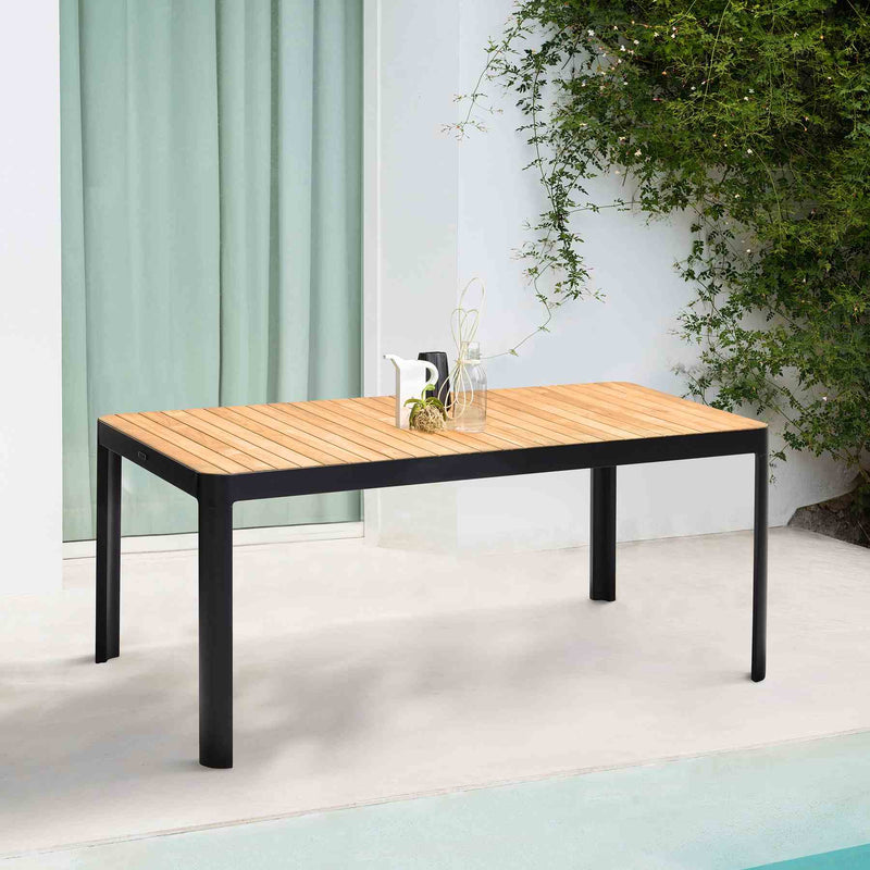 Portals Outdoor Rectangle Dining Table in Black Finish with Natural Teak Wood Top - Furniture City (CA)l