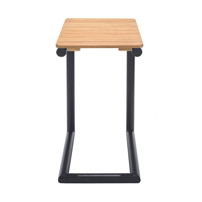 Portals Outdoor C-Shape Side Table in Black Finish and Natural Teak Wood Top