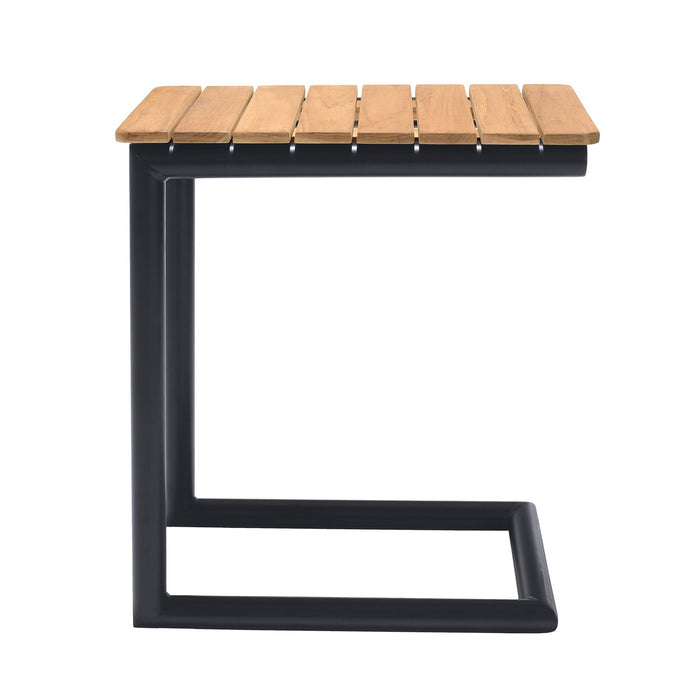 Portals Outdoor C-Shape Side Table in Black Finish and Natural Teak Wood Top