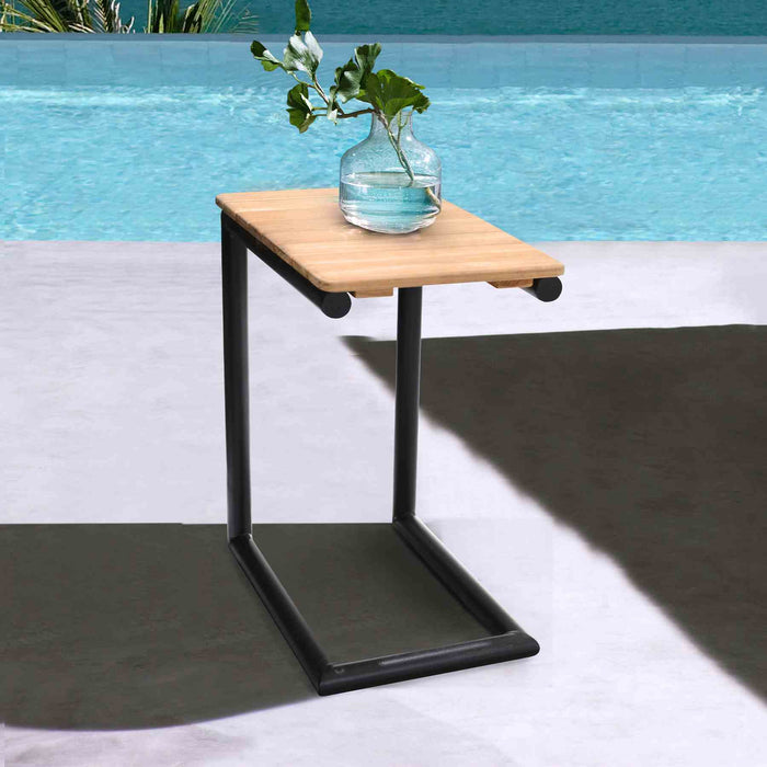 Portals Outdoor C-Shape Side Table in Black Finish and Natural Teak Wood Top
