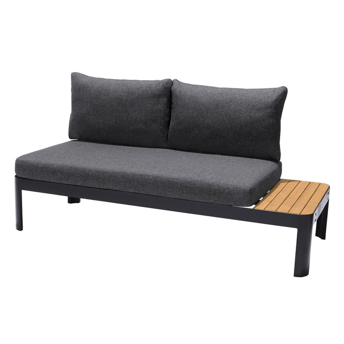 Portals Outdoor Sofa in Black Finish with Natural Teak Wood Accent and Gray Cushions