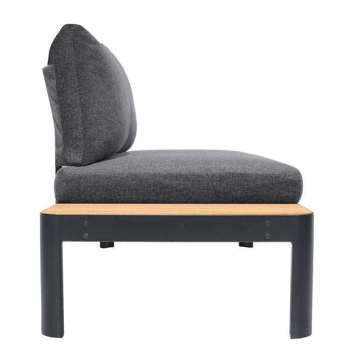 Portals Outdoor Sofa in Black Finish with Natural Teak Wood Accent and Gray Cushions