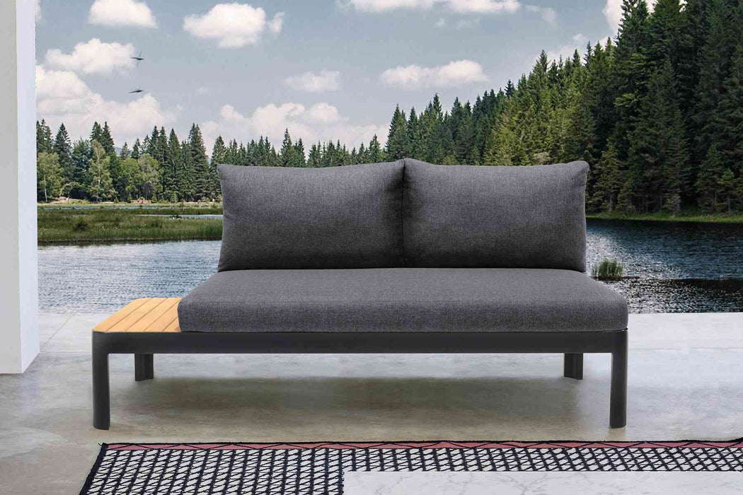 Portals Outdoor Sofa in Black Finish with Natural Teak Wood Accent and Gray Cushions
