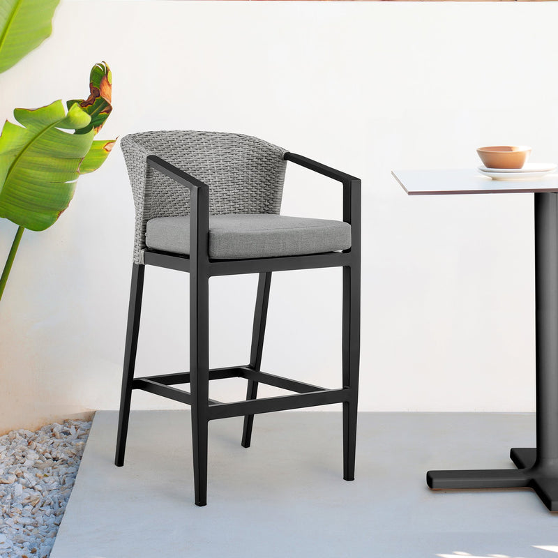 Palma Outdoor Patio Counter Height Bar Stool in Aluminum and Wicker with Gray Cushions - Furniture City (CA)l