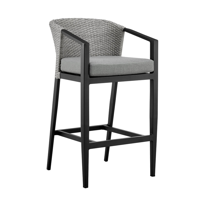 Palma Outdoor Patio Bar Stool in Aluminum and Wicker with Gray Cushions - Furniture City (CA)l