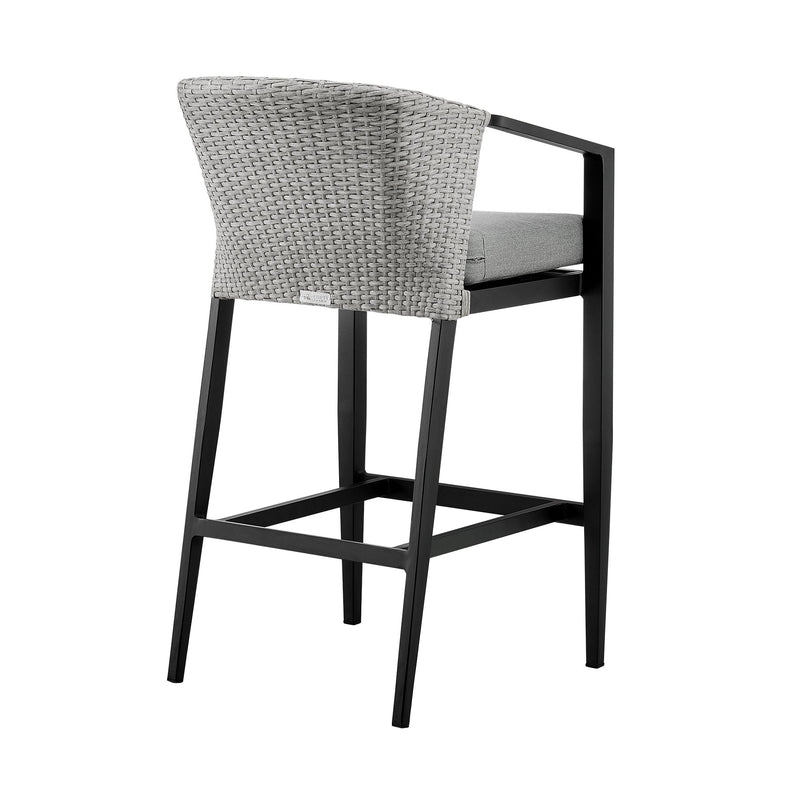 Palma Outdoor Patio Bar Stool in Aluminum and Wicker with Gray Cushions - Furniture City (CA)l