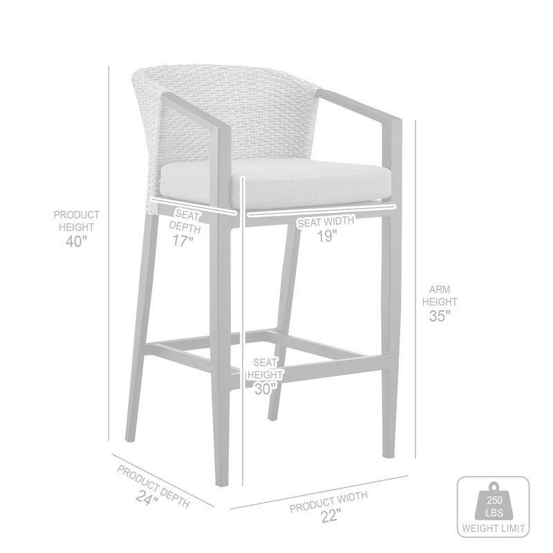 Palma Outdoor Patio Bar Stool in Aluminum and Wicker with Gray Cushions - Furniture City (CA)l