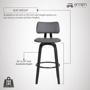 Pico 26" Swivel Black Wood Counter Stool in Gray Faux Leather with Black Metal - Furniture City (CA)l
