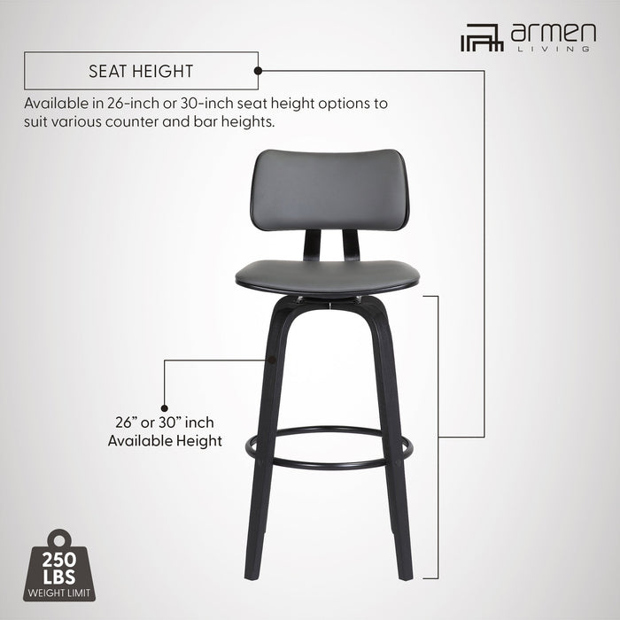 Pico 26" Swivel Black Wood Counter Stool in Gray Faux Leather with Black Metal