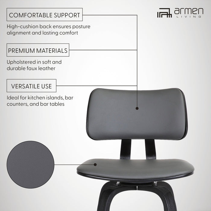 Pico 30" Swivel Black Wood Bar Stool in Gray Faux Leather with Black Metal