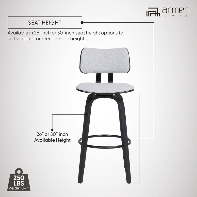 Pico 26" Swivel Black Wood Counter Stool in Light Gray Fabric with Black Metal - Furniture City (CA)l