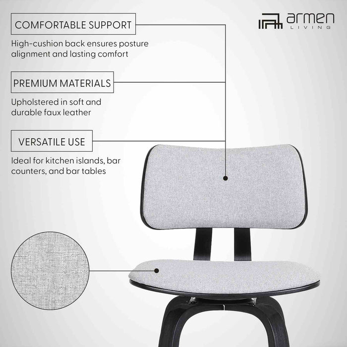 Pico 30" Swivel Black Wood Bar Stool in Light Gray Fabric with Black Metal