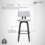 Pico 30" Swivel Black Wood Bar Stool in Light Gray Fabric with Black Metal - Furniture City (CA)l