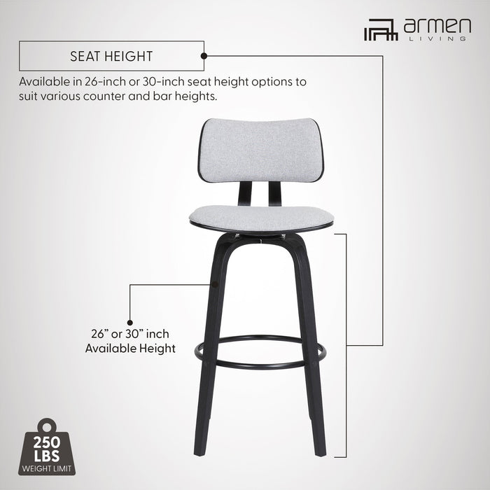 Pico 30" Swivel Black Wood Bar Stool in Light Gray Fabric with Black Metal