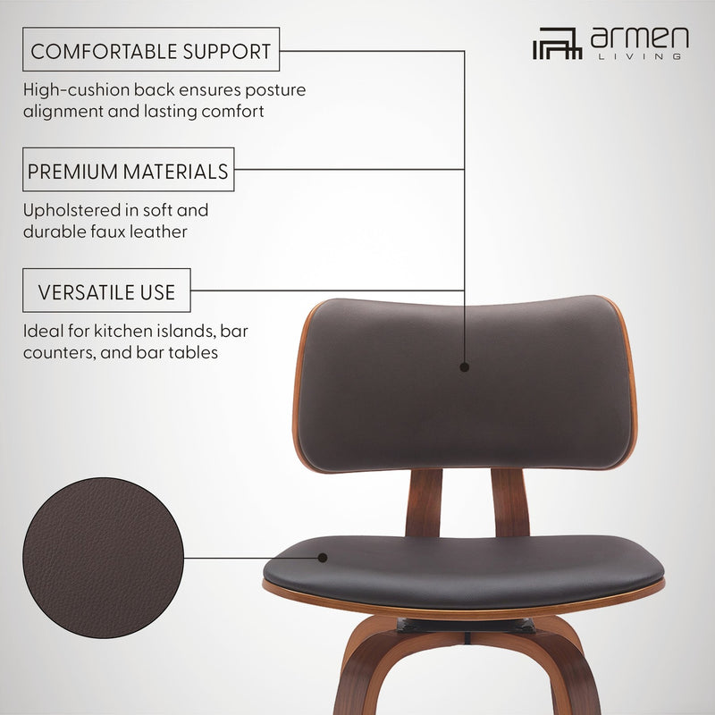 Pico 26" Swivel Walnut Wood Counter Stool in Brown Faux Leather with Chrome - Furniture City (CA)l