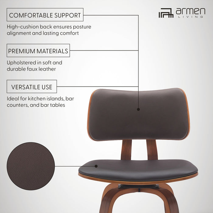 Pico 26" Swivel Walnut Wood Counter Stool in Brown Faux Leather with Chrome