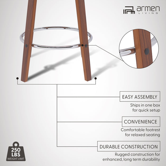 Pico 26" Swivel Walnut Wood Counter Stool in Brown Faux Leather with Chrome