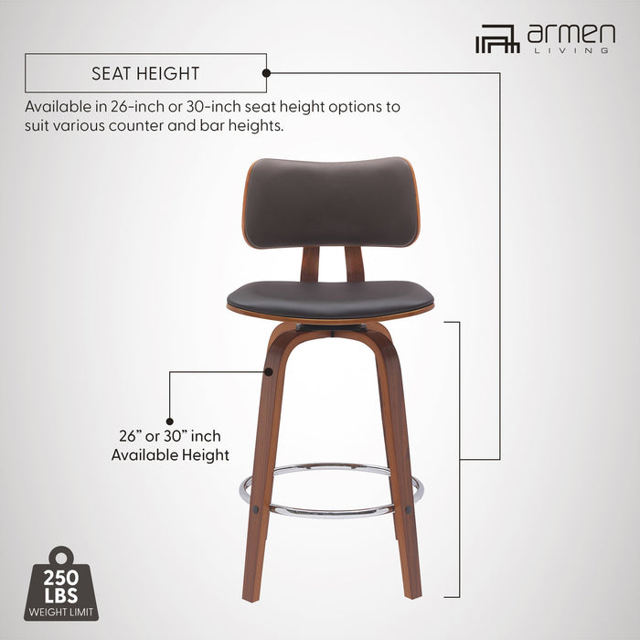 Pico 26" Swivel Walnut Wood Counter Stool in Brown Faux Leather with Chrome