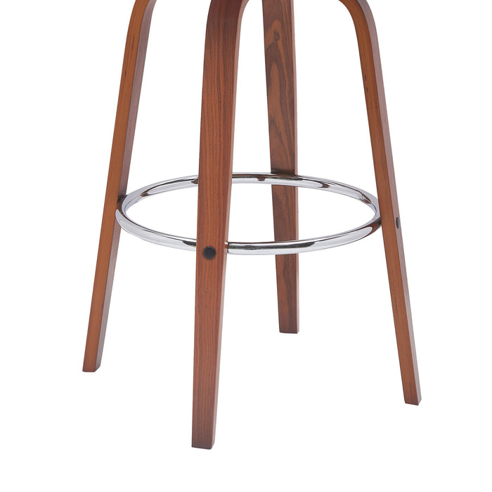 Pico 30" Swivel Walnut Wood Bar Stool in Brown Faux Leather with Chrome