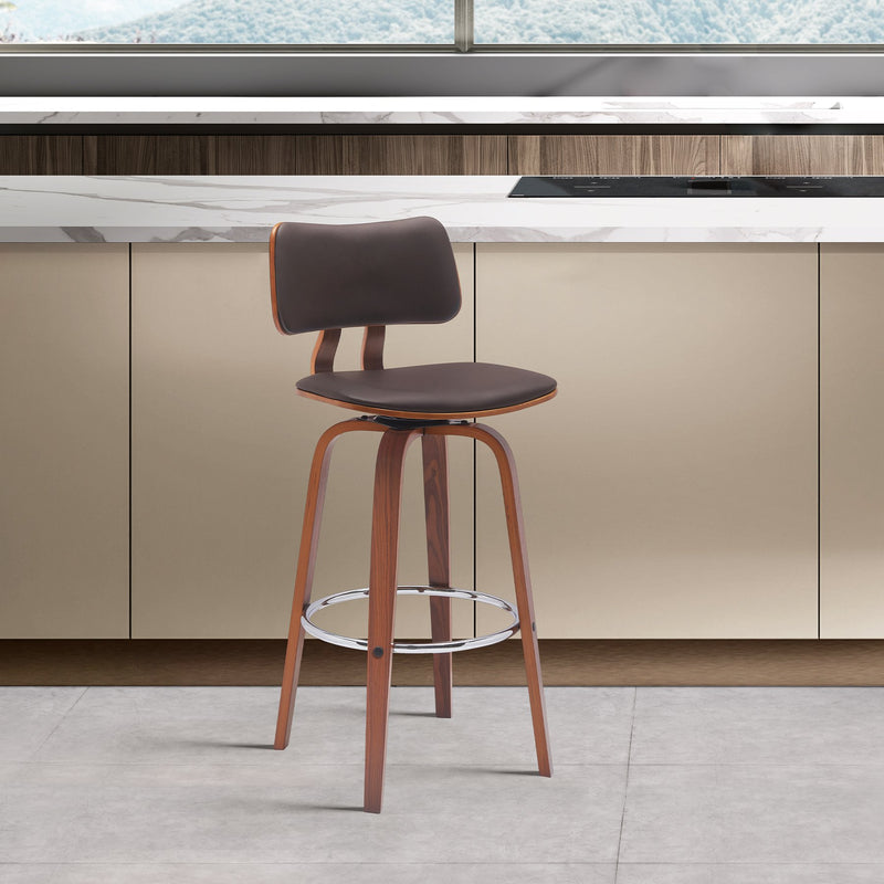 Pico 30" Swivel Walnut Wood Bar Stool in Brown Faux Leather with Chrome - Furniture City (CA)l